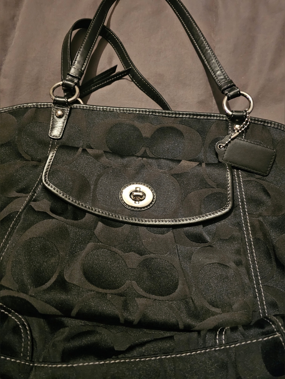 COACHBlack Signature Tote Bag with Turnlock Closure ON FRONT POCKET